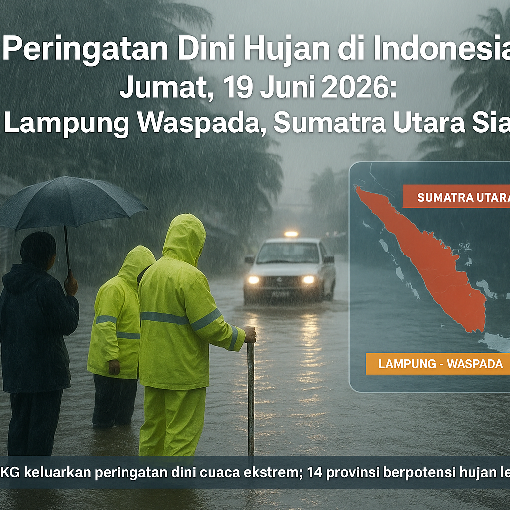 Peringatan Dini Hujan di Indonesia Jumat, 19 Juni 2026: Lampung Waspada, Sumatra Utara Siaga
