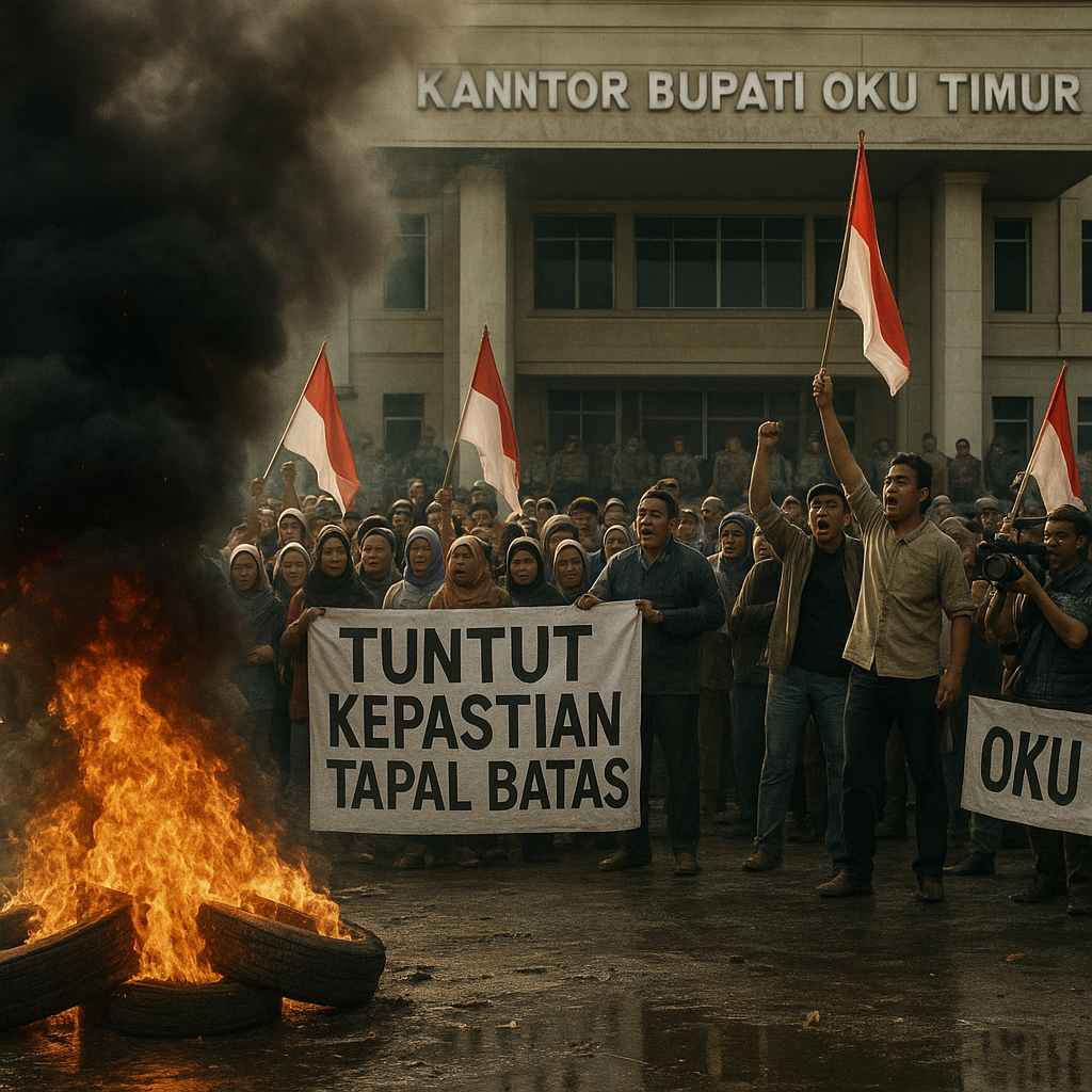 Kericuhan Pecah di OKU Timur! Ribuan Massa Kepung Kantor Bupati Hingga Bakar Ban Tuntut Kepastian Tapal Batas