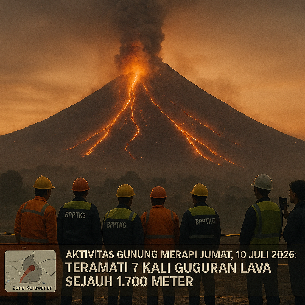 Aktivitas Gunung Merapi Jumat 10 Juli 2026: Teramati 7 Kali Guguran Lava Sejauh 1700 Meter