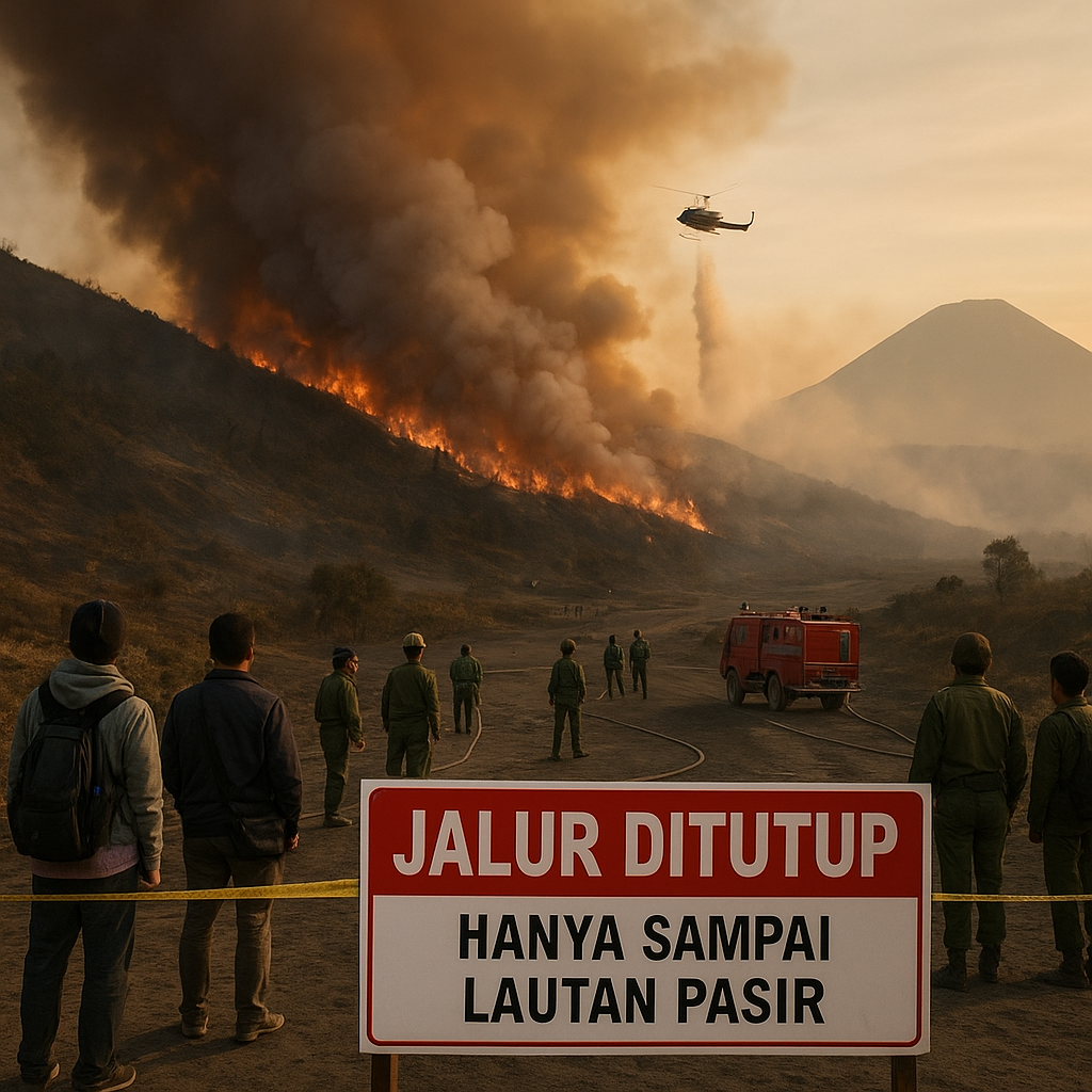 Kebakaran Hutan Melanda Bromo, Tiga Jalur Ditutup Wisatawan Hanya Bisa Sampai Lautan Pasir